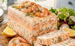 Terrine de Saint-Jacques, saumon et crevettes à la crème citronnée